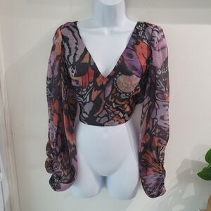 Hutch Multi-Color V-Neck Sheer Long Sleeve Crop Blouse